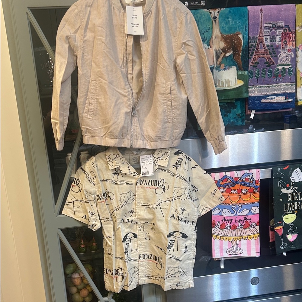 H&M Beige Graphic Print Linen Kids Shirt Set